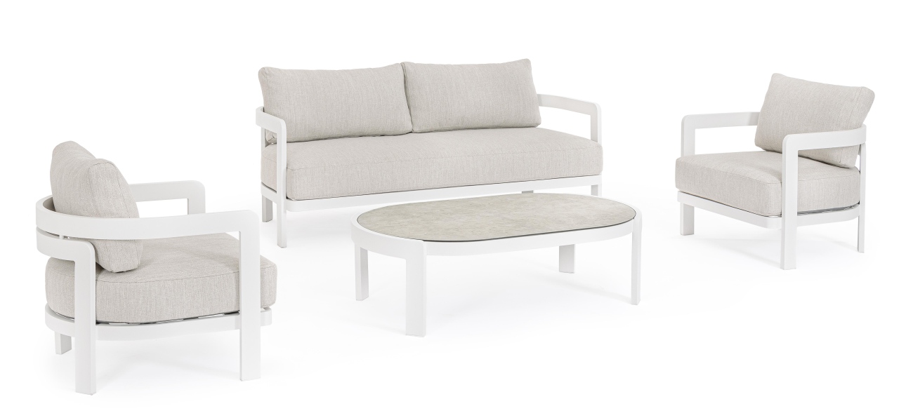 Das Garten-Set Presly überzeugt mit seinem modernen Design. Gefertigt wurde es aus Aluminium, welches einen weißen Farbton besitzt. Das Gestell ist auch aus Aluminium. Das Set besteht aus einem Sofa, zwei Sesseln und einem Couchtisch..