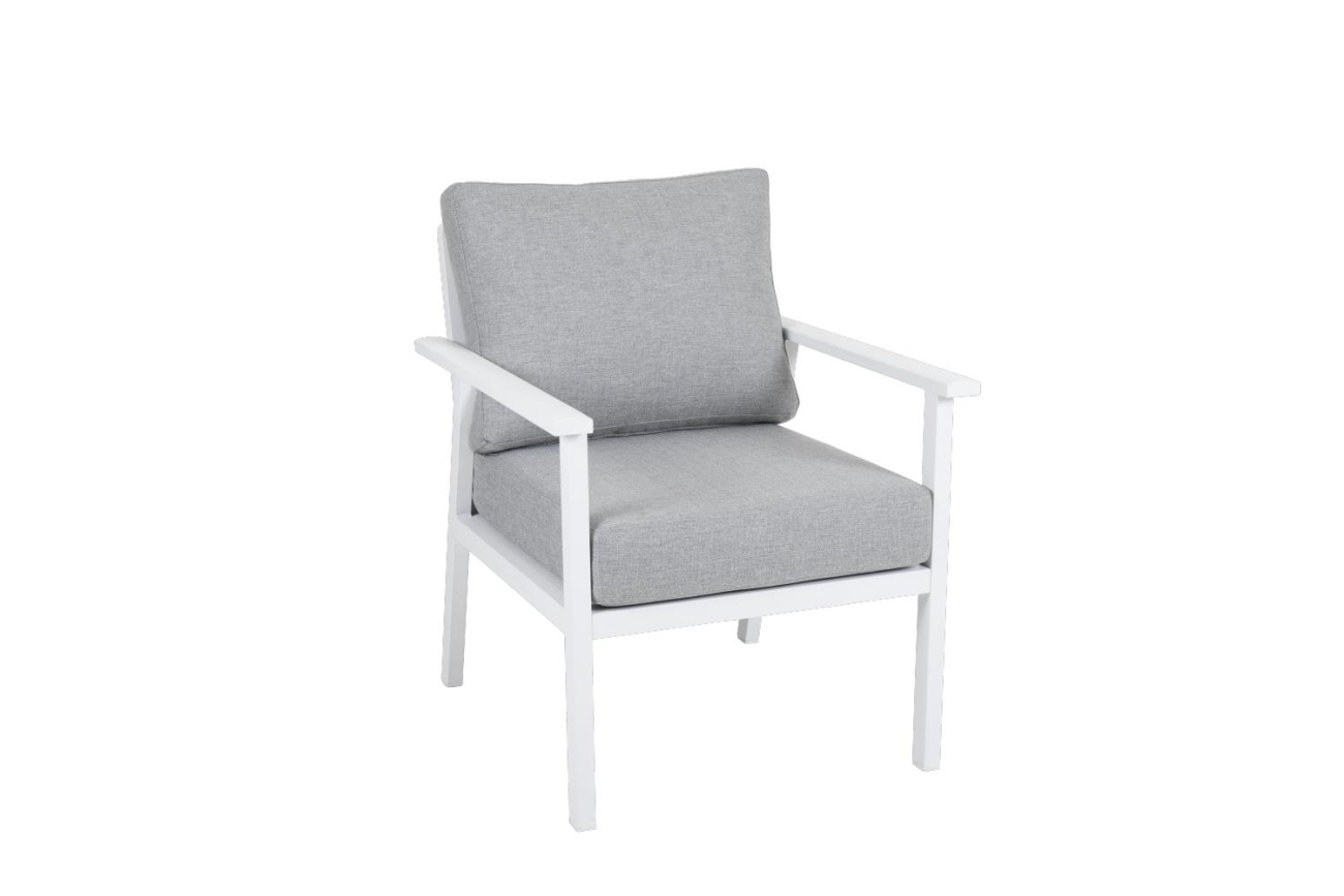 Der Gartensessel Samvaro Small überzeugt mit seinem modernen Design. Gefertigt wurde er aus Stoff, welcher einen grauen Farbton besitzt. Das Gestell ist aus Metall und hat eine weißen Farbe. Die Sitzhöhe des Sessels beträgt 48 cm.