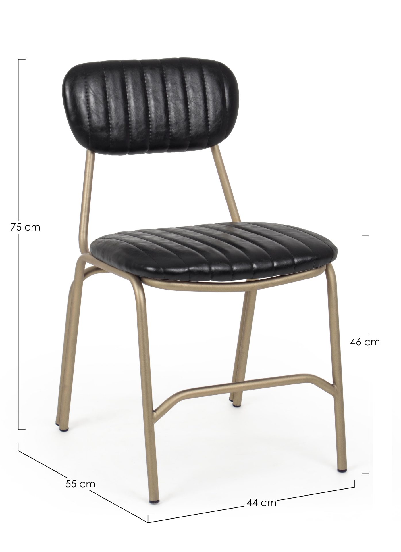 Der Stuhl Addy überzeugt mit seinem industriellen Design. Gefertigt wurde der Stuhl aus Kunstleder, welches einen schwarzen Farbton besitzt. Das Gestell ist aus Metall und ist Gold. Die Sitzhöhe beträgt 46 cm.