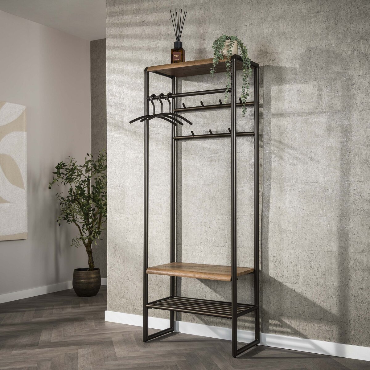 Garderobenmöbel Onul 70 cm Metall Bronze mit Ablagen in Eichenoptik