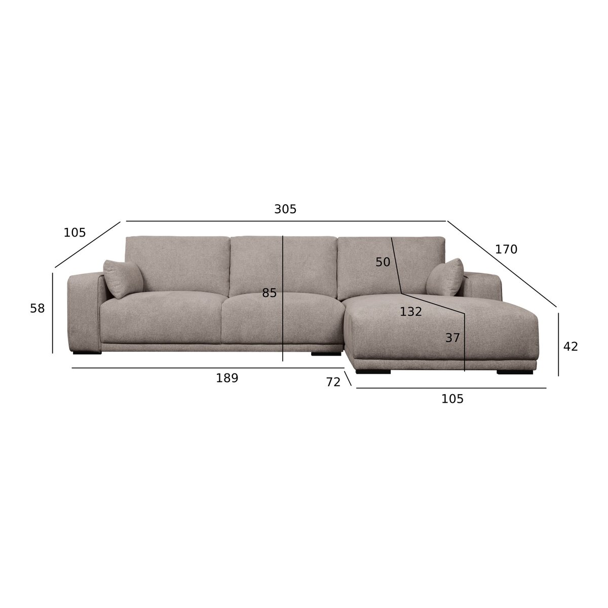 Ecksofa Fonora Taupe - Rechte Recamiere, Federkern & OEKO-TEX Stoff