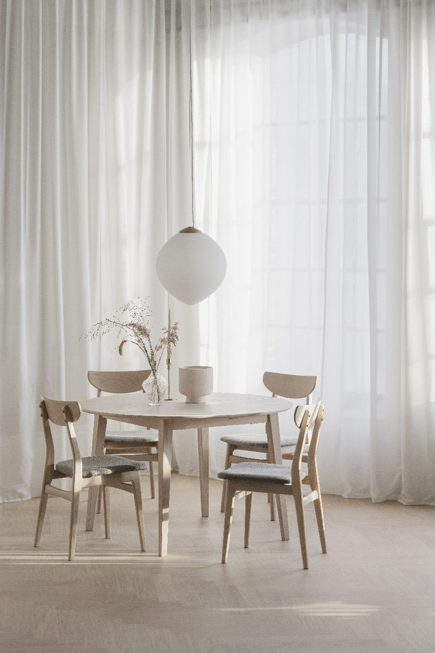 Esstisch Filippa Rund mit Auszug, 120/165cm, Eiche Weiß pigmentiert