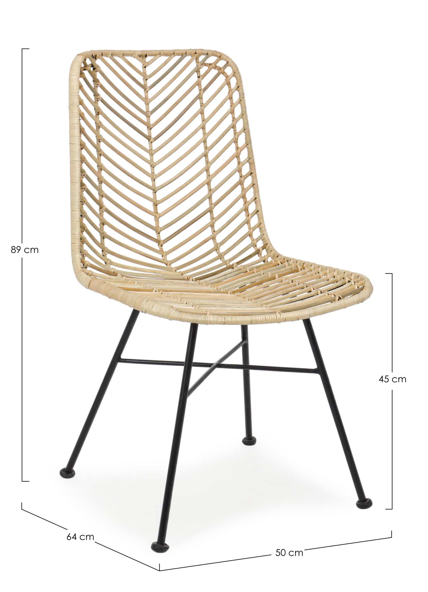 Der Stuhl Lorena überzeugt mit seinem modernem aber auch besonderem Design. Gefertigt wurde der Stuhl aus Rattan, welcher einen natürlichen Farbton besitzt. Das Gestell ist aus Metall und ist Schwarz. Die Sitzhöhe beträgt 45 cm.