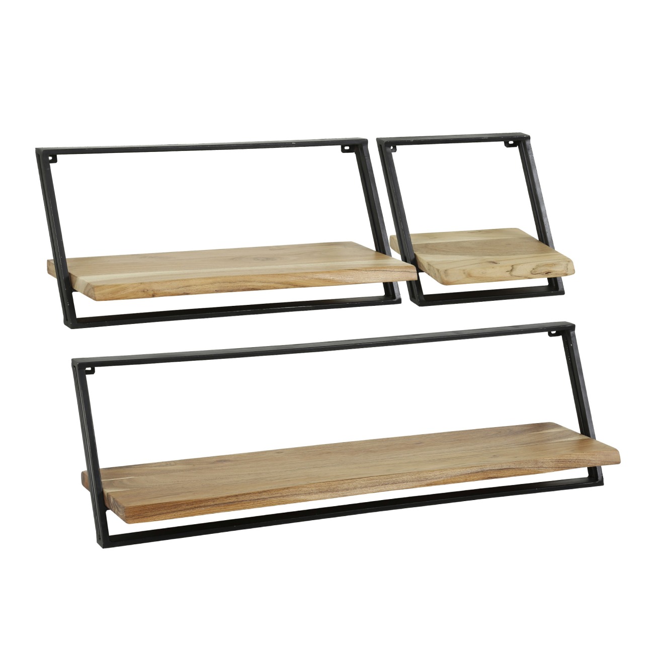 3er-Set Wandregal Gemea - Akazienholz massiv Natur, mit Metallgestell