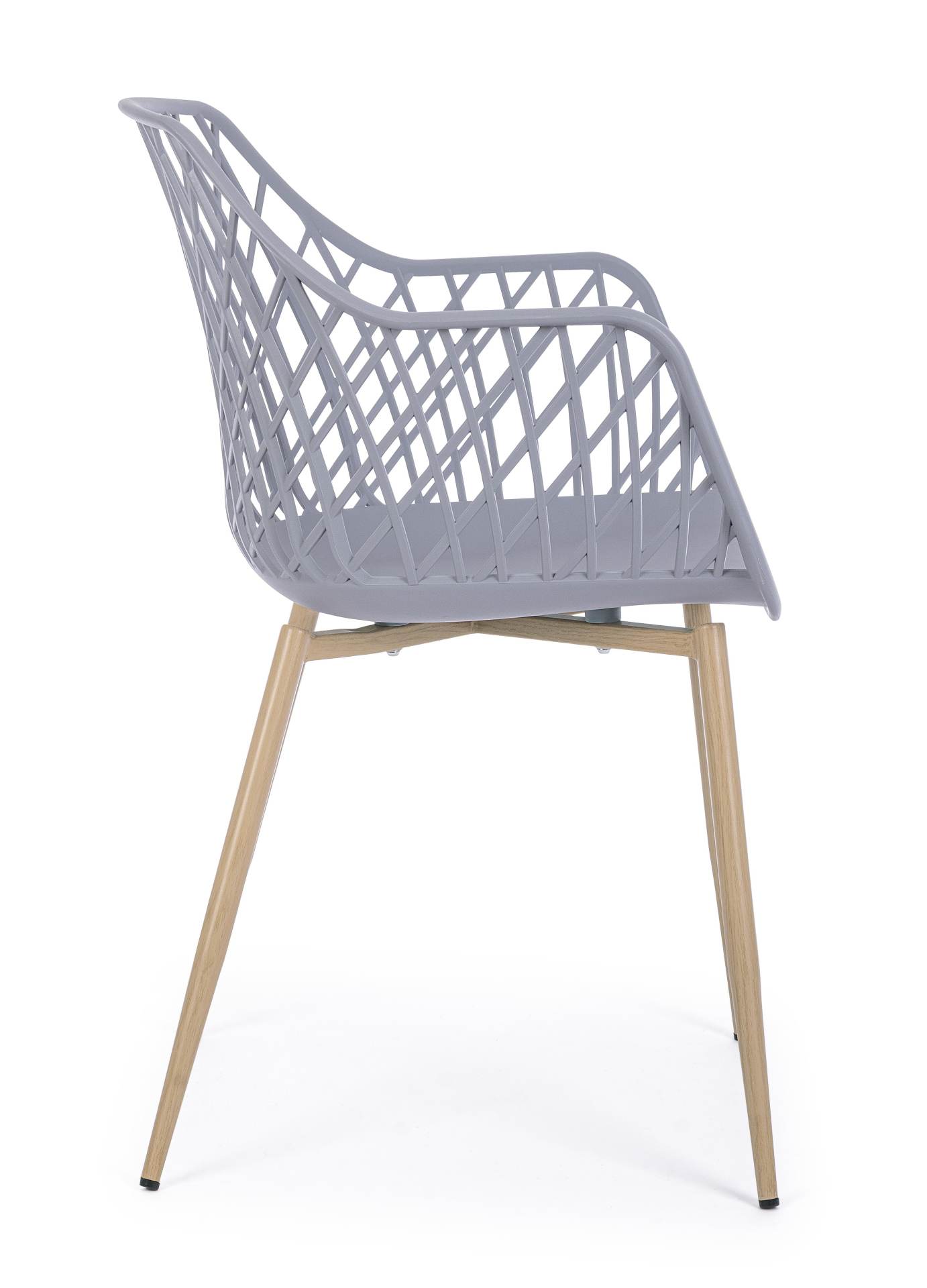 Der Stuhl Optik wurde aus Kunststoff gefertigt, welcher einen grauen Farbton besitzt. Das Gestell ist aus Metall und hat eine Holz-Optik. Das Design des Stuhls ist modern gehalten. Die Sitzhöhe beträgt 44 cm.