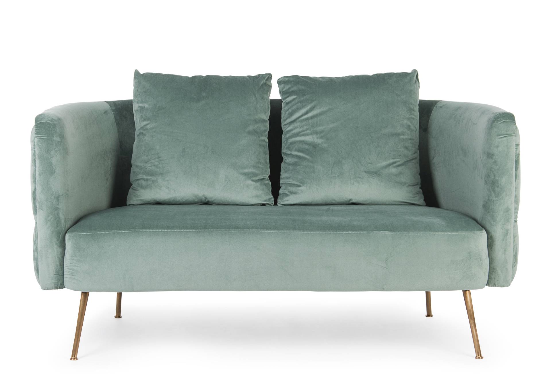 Das Sofa Tenbury überzeugt mit seinem modernen Design. Gefertigt wurde es aus Stoff in Samt-Optik, welcher einen türkis Farbton besitzt. Das Gestell ist aus Metall und hat eine goldene Farbe. Das Sofa ist in der Ausführung als 2-Sitzer. Die Breite beträgt