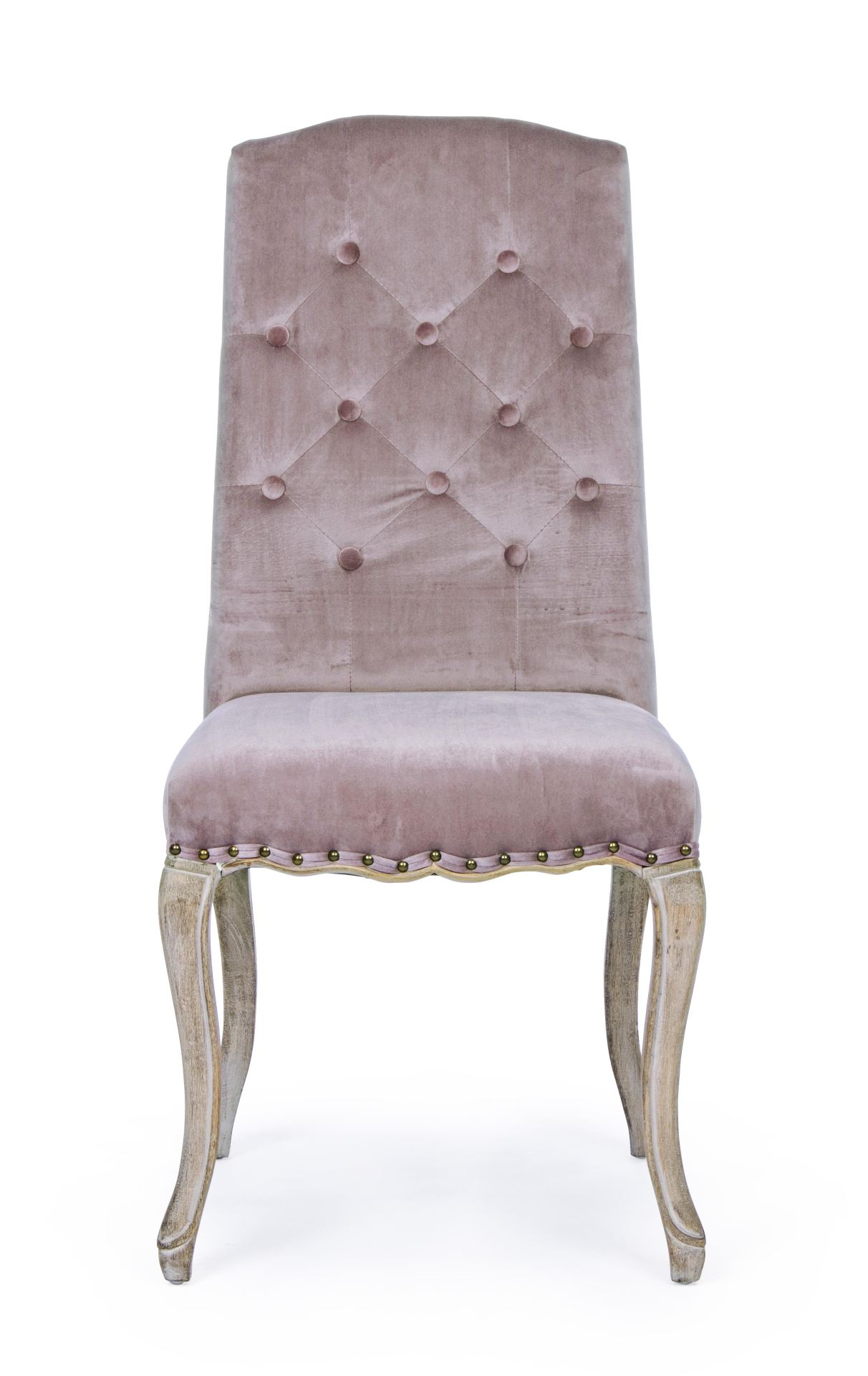 Der Esszimmerstuhl Diva überzeugt mit seinem klassischem Design. Gefertigt wurde der Stuhl aus einem Stoff-Bezug, welcher einen Rosa Farbton besitzt und in einer Samt-Optik ist. Das Gestell ist aus Holz und ist natürlich gehalten. Die Sitzhöhe beträgt 48 