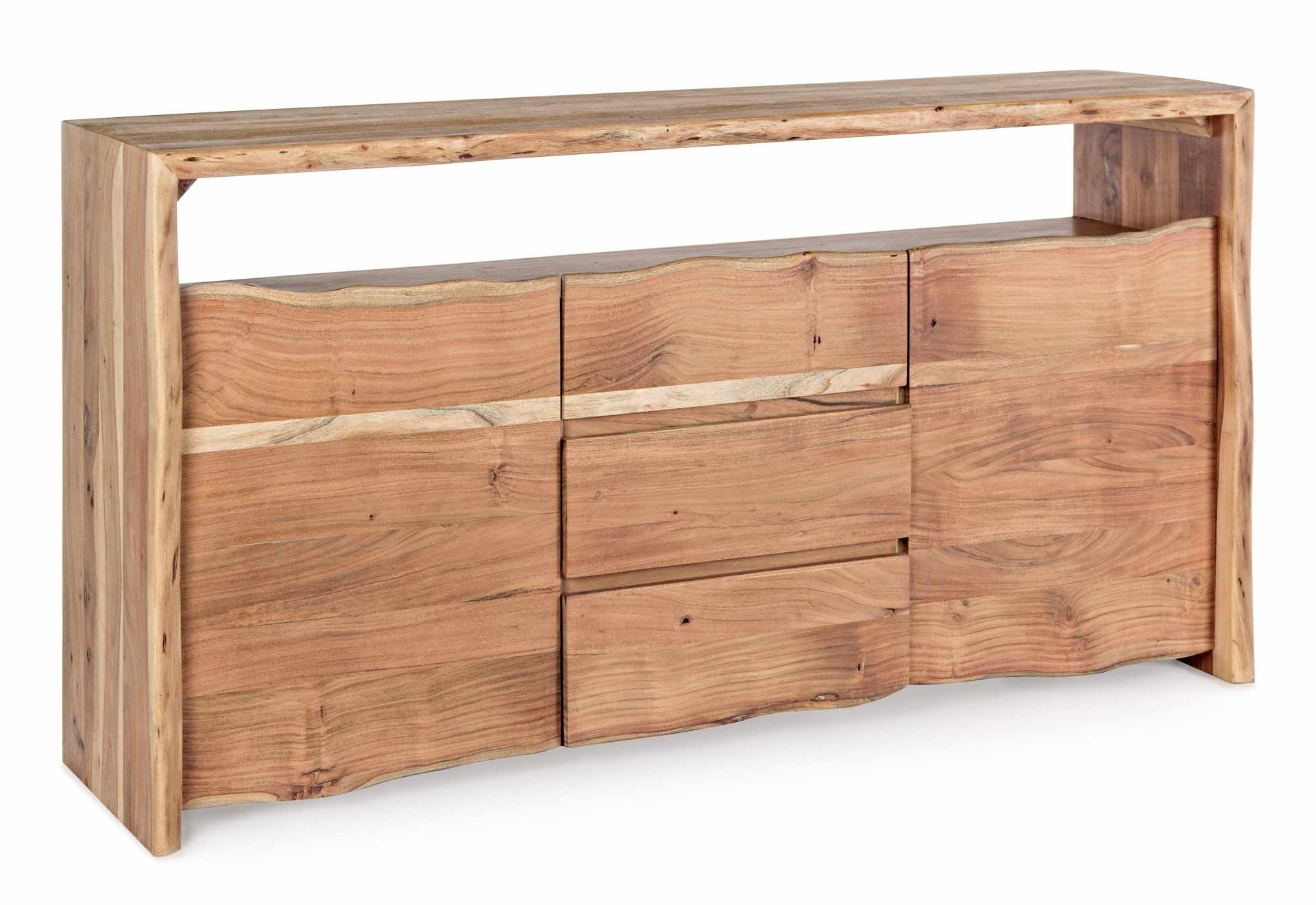 Das Sideboard Eneas überzeugt mit seinem klassischen Design. Gefertigt wurde es aus Akazien-Holz, welches einen natürlichen Farbton besitzt. Das Gestell ist auch aus Akazien-Holz. Das Sideboard verfügt über zwei Türen und drei Schubladen. Die Breite beträ