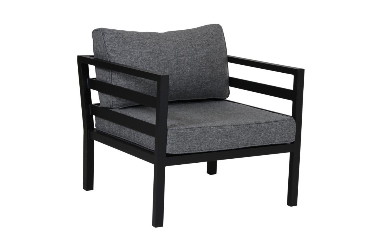 Der Gartensessel Weldon überzeugt mit seinem modernen Design. Gefertigt wurde er aus Stoff, welcher einen dunkelgrauen Farbton besitzt. Das Gestell ist aus Metall und hat eine schwarze Farbe. Die Sitzhöhe des Sessels beträgt 43 cm.