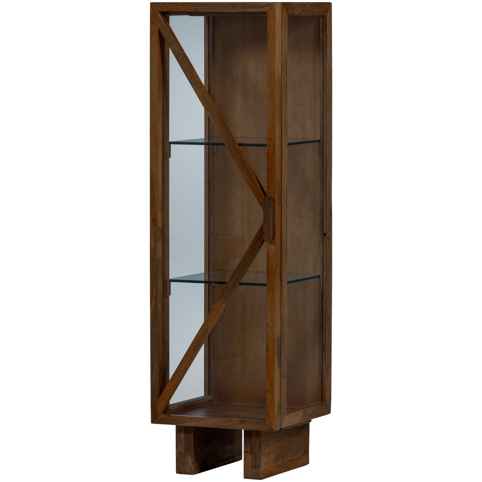 Kella 1-türiger Schrank Mangoholz Braun - elegante Vitrine mit Glas & Ablagefächern, 137 x 40 x 39 cm