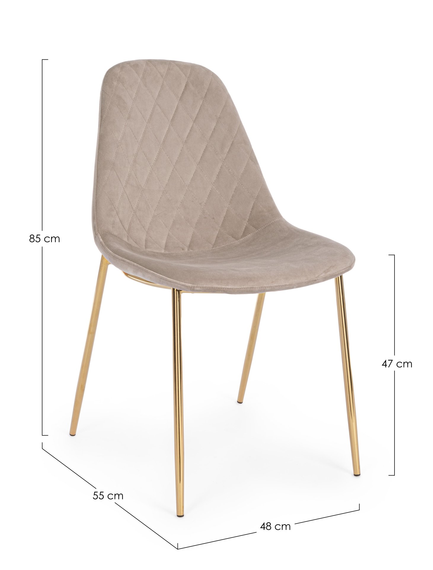 Der Esszimmerstuhl Terry überzeugt mit seinem modernem Design. Gefertigt wurde der Stuhl aus einem Samt-Bezug, welcher einen Taupe Farbton besitzt. Das Gestell ist aus Metall und ist Gold. Die Sitzhöhe beträgt 47 cm.