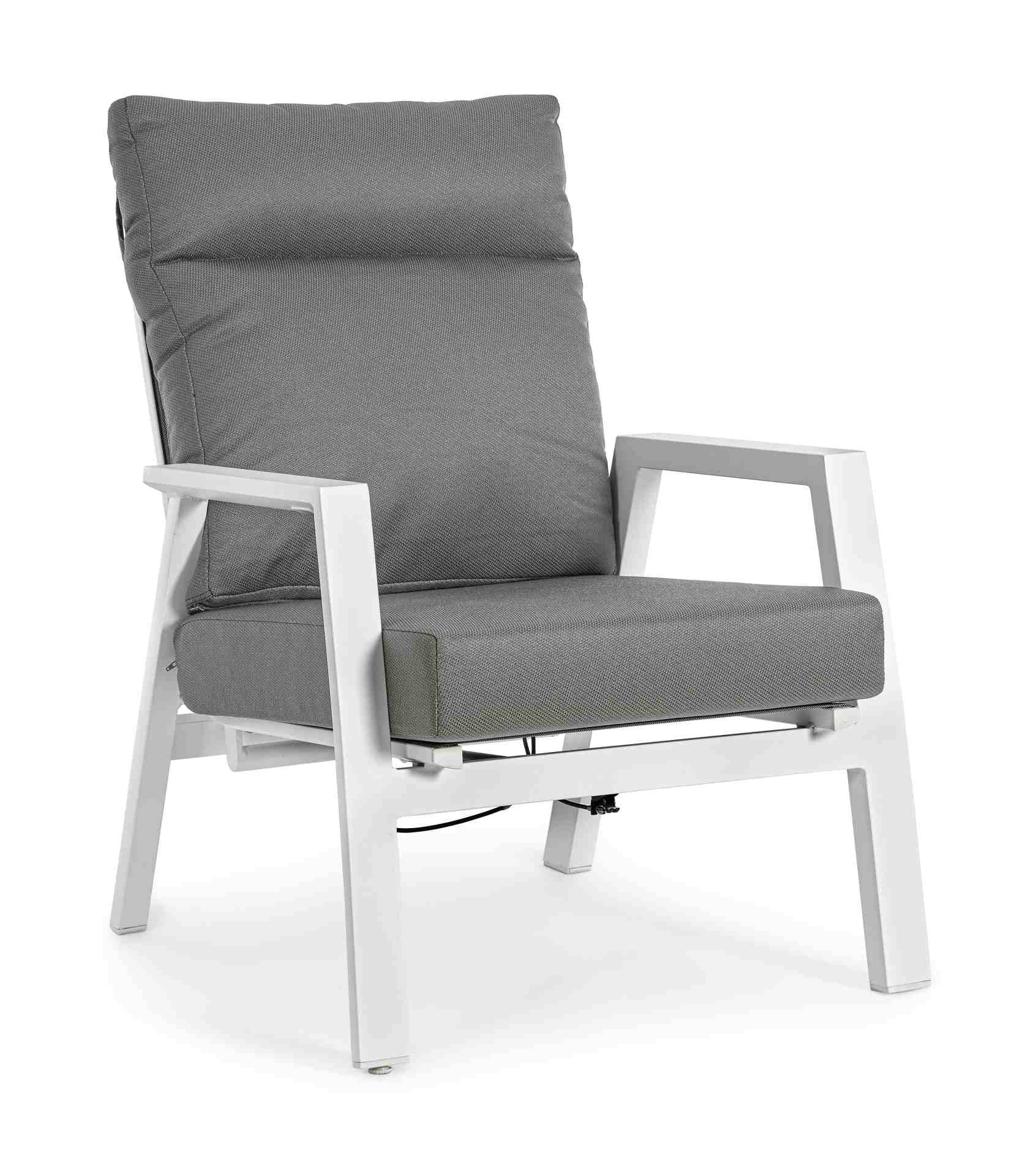 Der Gartensessel Kledi überzeugt mit seinem modernen Design. Gefertigt wurde es aus Olefin-Stoff, welcher einen Anthrazit Farbton besitzt. Das Gestell ist aus Aluminium und hat eine weiße Farbe. Der Sessel verfügt über eine Sitzhöhe von 46 cm und ist für 