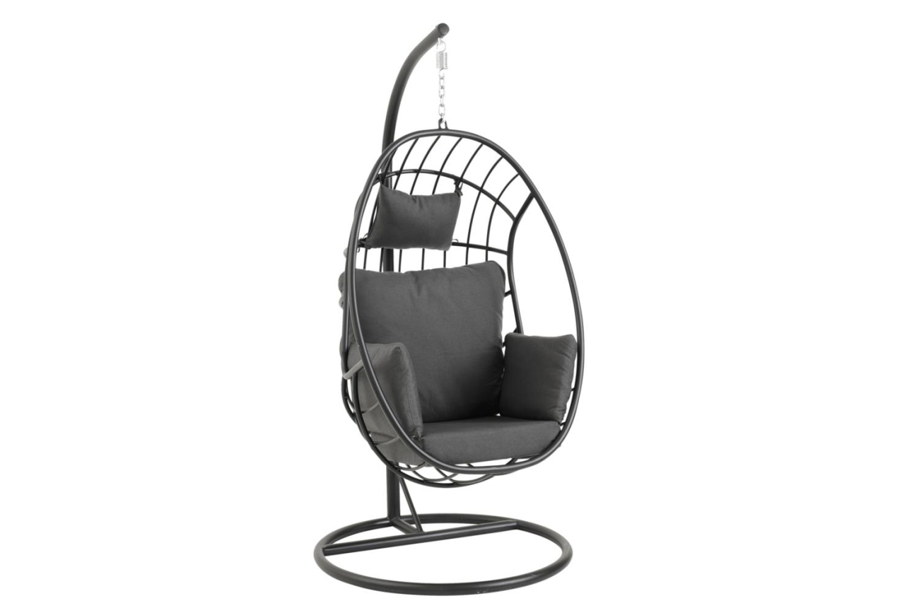 Der Hängesessel Palo überzeugt mit seinem modernen Design. Gefertigt wurde er aus Stoff, welcher einen grauen Farbton besitzt. Das Gestell ist aus Aluminium und hat eine graue Farbe. Der Sessel wird inklusive Ständer geliefert.