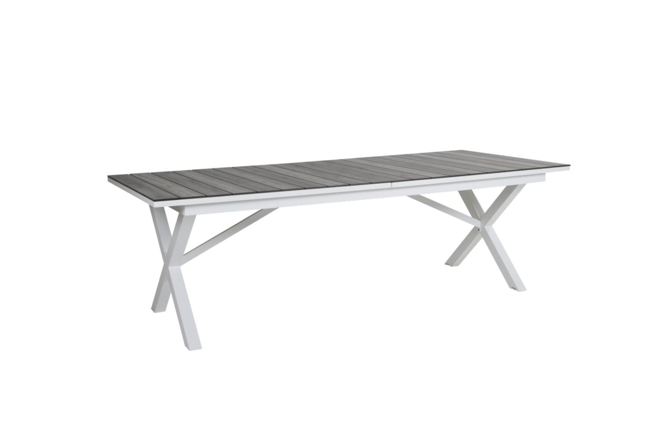 Der Gartenesstisch Hillmond überzeugt mit seinem modernen Design. Gefertigt wurde die Tischplatte aus Holz und besitzt einen grauen Farbton. Das Gestell ist auch aus Metall und hat eine weiße Farbe. Der Tisch besitzt eine Länger von 238 cm welche bis auf 