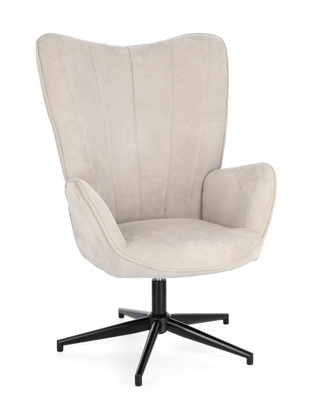 Der Drehsessel Inas überzeugt mit seinem modernen Stil. Gefertigt wurde er aus Stoff, welcher einen Beigen Farbton besitzt. Das Gestell ist aus Metall und hat eine schwarze Farbe. Der Sessel besitzt eine Sitzhöhe von 50 cm.