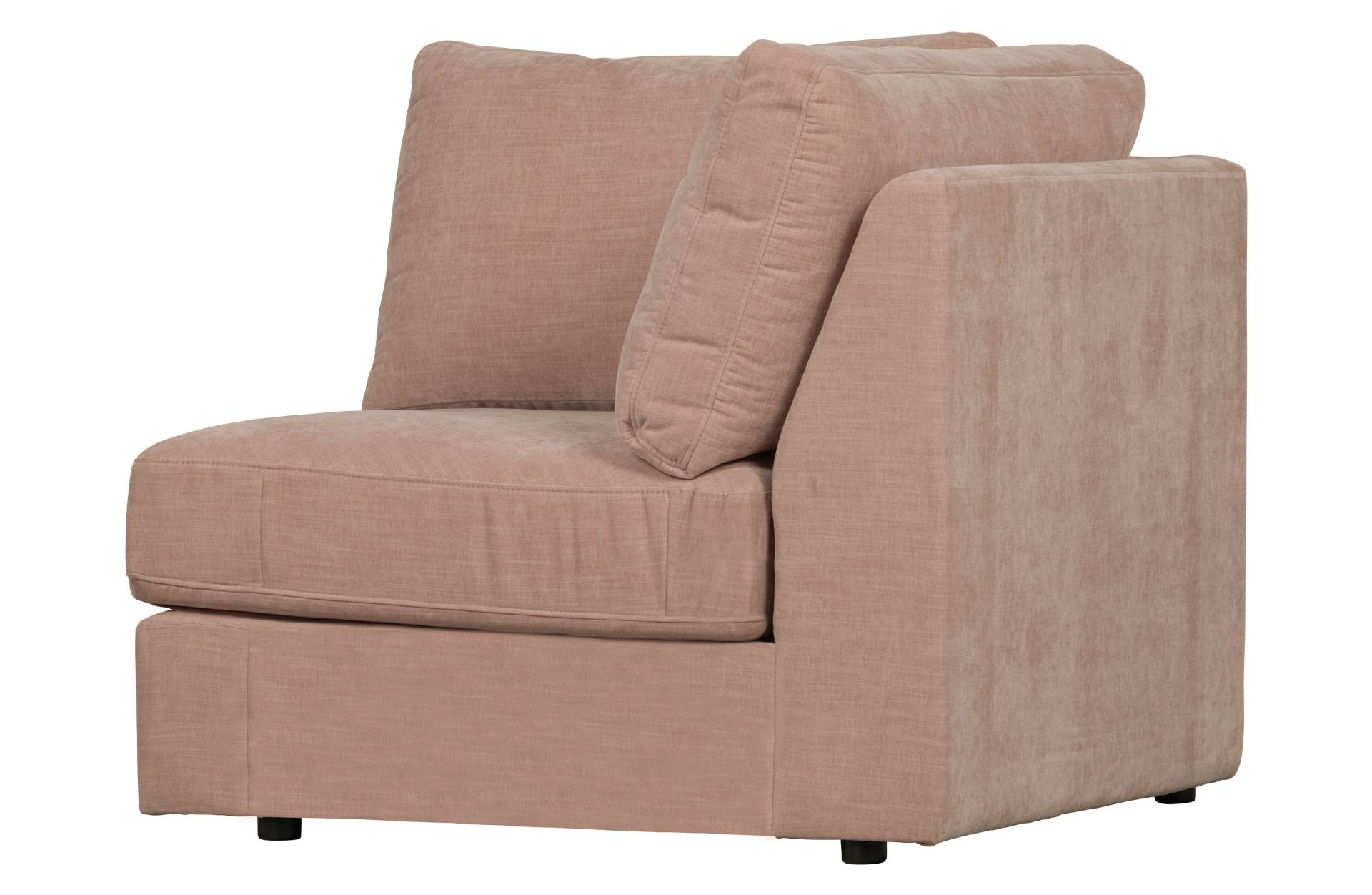 Das Modulsofa Family überzeugt mit seinem modernen Design. Das Eck Element wurde aus Gewebe-Stoff gefertigt, welcher einen einen rosa Farbton besitzen. Das Gestell ist aus Metall und hat eine schwarze Farbe. Das Element hat eine Sitzhöhe von 44 cm.