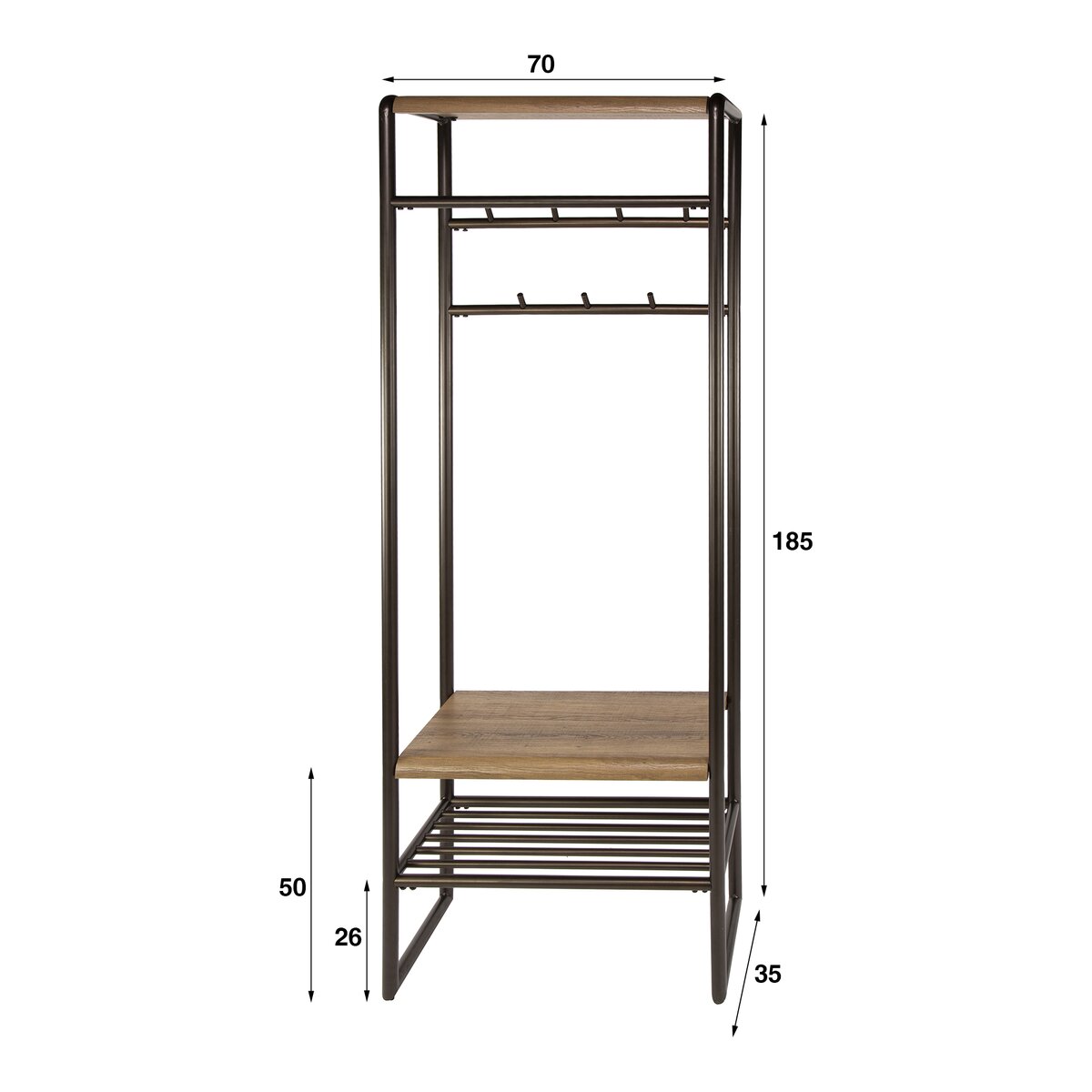 Garderobenmöbel Onul 70 cm Metall Bronze mit Ablagen in Eichenoptik
