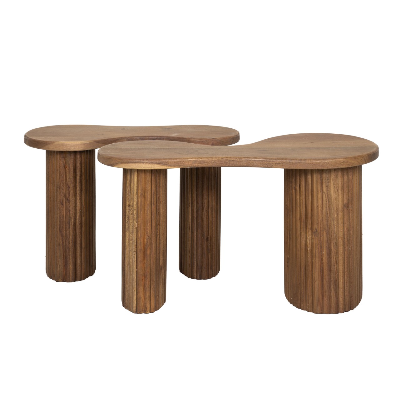 3er-Set Couchtisch Fuse - Akazie massiv Braun, Säulen geriffelt 2er-Set Couchtisch Jorai - Akazie massiv Braun, Säulen geriffelt
