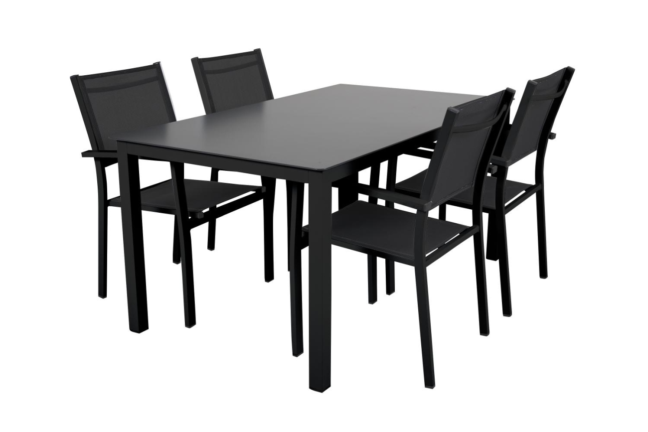 Der Gartenesstisch Rana überzeugt mit seinem modernen Design. Gefertigt wurde die Tischplatte aus Metall und hat eine schwarze Farbe. Das Gestell ist auch aus Metall und hat eine schwarze Farbe. Der Tisch besitzt eine Länge von 150 cm.