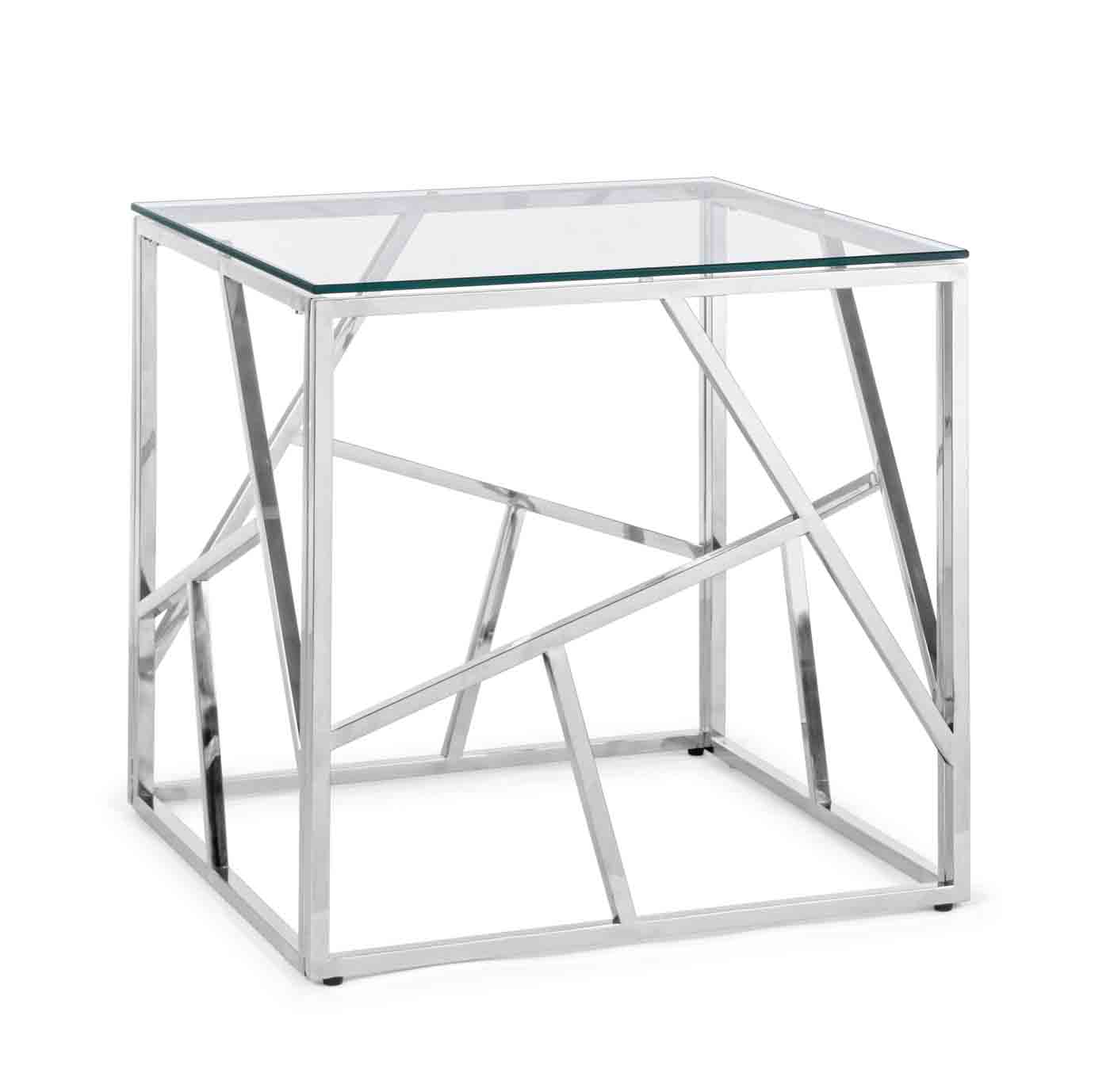 Beistelltisch Rayan in einem modernen Design. Hergestellt aus Metall  in einem silbernen Farbton. Die Tischplatte ist aus Glas. Marke Bizotto.