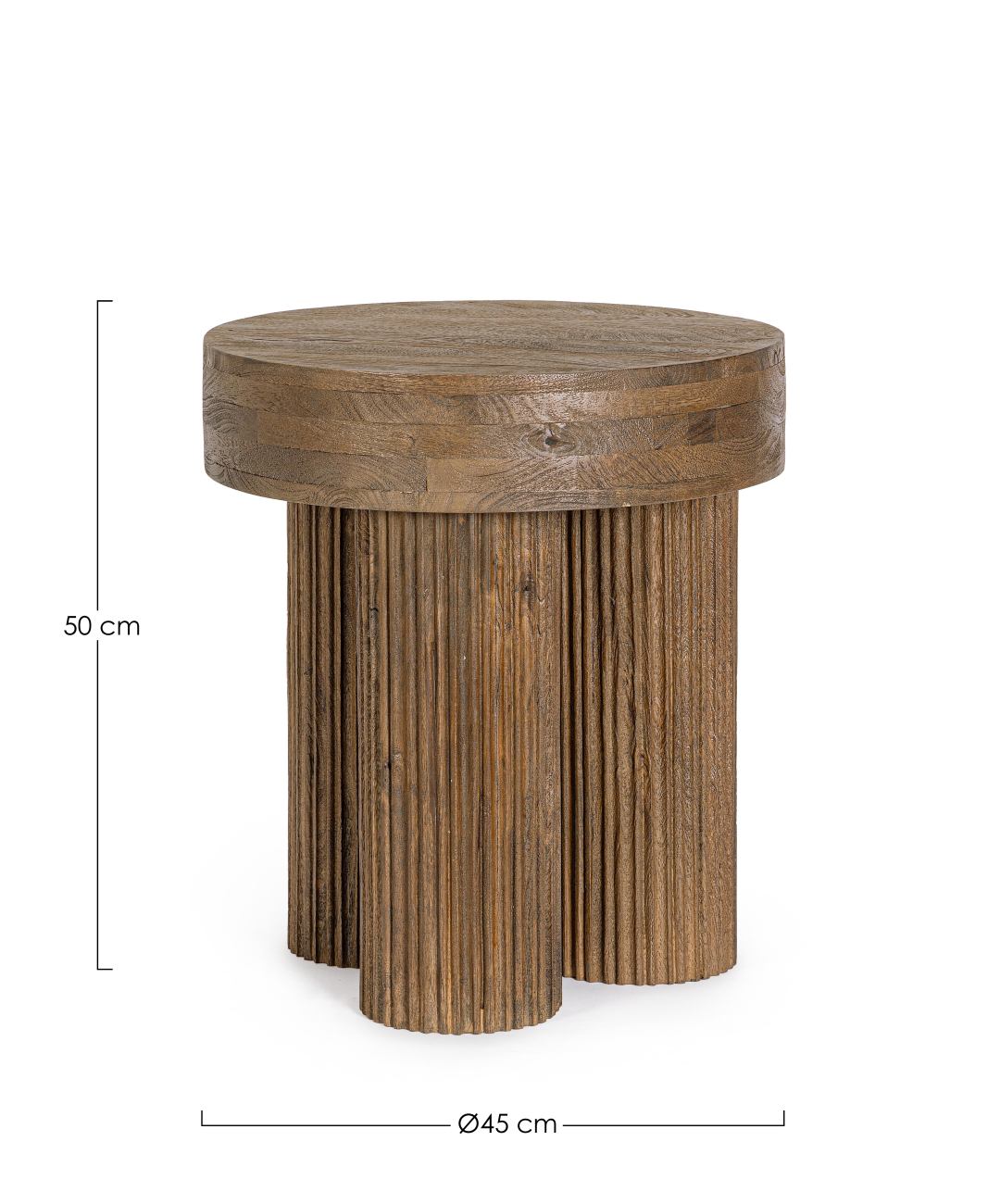 Der Couchtisch Dacca überzeugt mit seinem modernen Stil. Gefertigt wurde er aus Mangoholz, welches einen braunen Farbton besitzt. Das Gestell ist auch aus Mangoholz. Der Couchtisch besitzt einen Durchmesser von 45 cm.