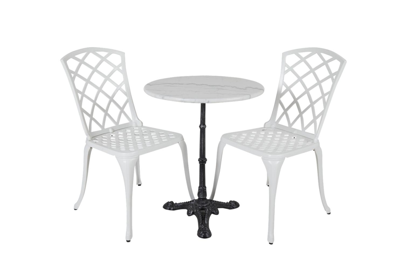 Der Gartenesstisch Loire überzeugt mit seinem modernen Design. Gefertigt wurde die Tischplatte aus Marmor und hat eine weiße Farbe. Das Gestell ist aus Metall und hat eine schwarze Farbe. Der Tisch besitzt einen Durchmesser von 60 cm.