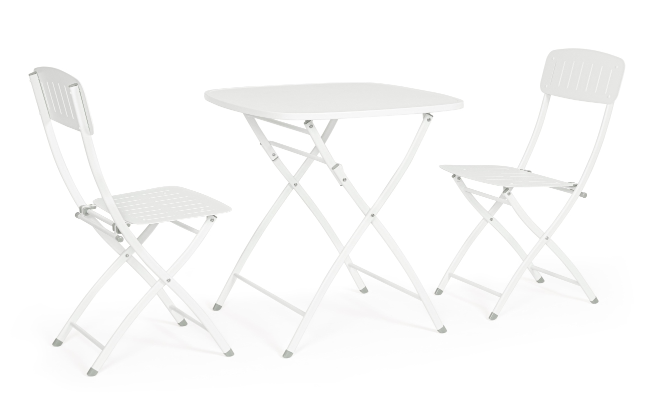 Das Garten-Set Yvonne überzeugt mit seinem modernen Design. Gefertigt wurde es aus Metall, welcher einen weißen Farbton besitzt. Das Gestell ist auch aus Metall und hat eine weiße Farbe. Das Set besteht aus zwei Stühlen und einem Tisch.