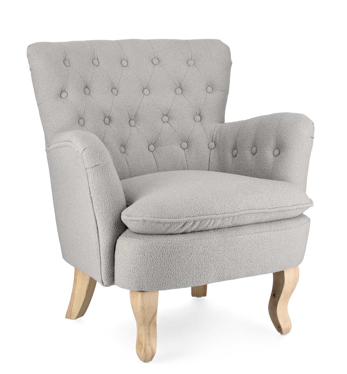 Der Sessel Orlins überzeugt mit seinem modernen Stil. Gefertigt wurde er aus Bouclè-Stoff, welcher einen grauen Farbton besitzt. Das Gestell ist aus Kiefernholz und hat eine natürliche Farbe. Der Sessel verfügt über eine Armlehne.