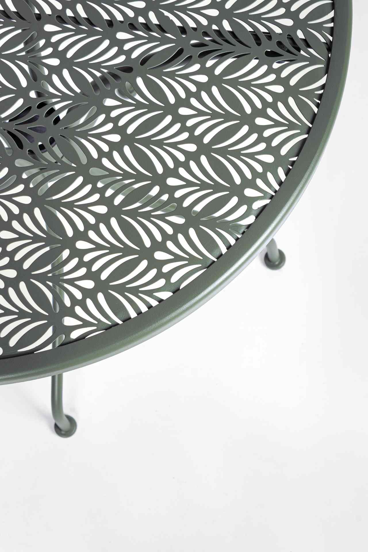 Der Gartentisch Lizette überzeugt mit seinem klassischen Design. Gefertigt wurde er aus Aluminium, welches einen grünen Farbton besitzt. Das Gestell ist aus auch Aluminium und hat eine grüne Farbe. Der Tisch verfügt über einen Durchmesser von 60 cm und is
