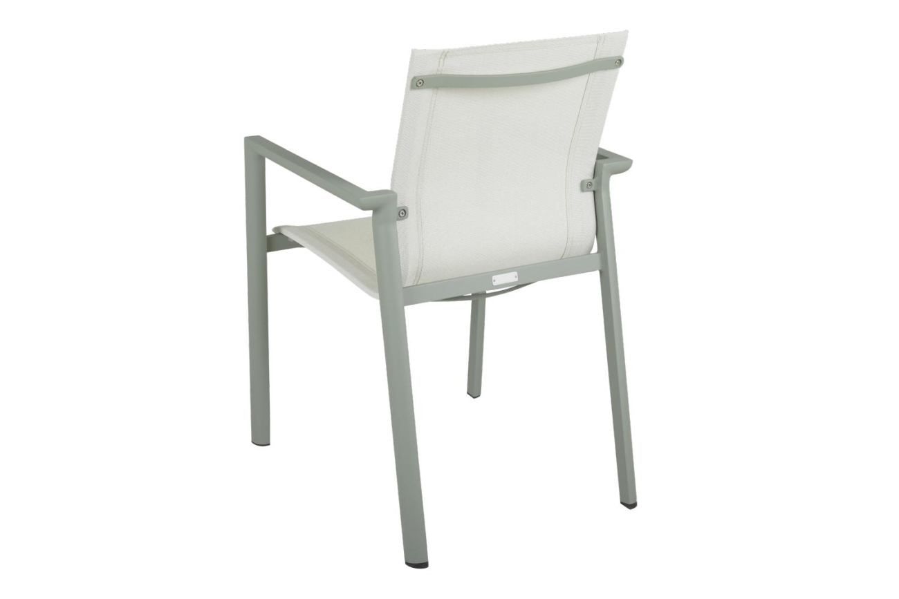 Der Gartenstuhl Delia überzeugt mit seinem modernen Design. Gefertigt wurde er aus Textilene, welches einen weißen Farbton besitzt. Das Gestell ist aus Metall und hat eine grüne Farbe. Die Sitzhöhe des Stuhls beträgt 43 cm.