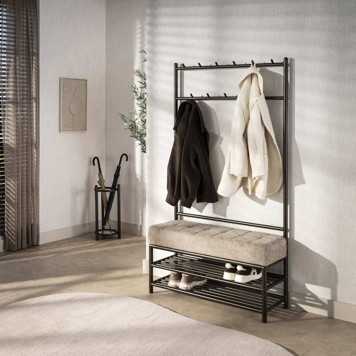 Garderobenbank Onul Bronze mit Sitzfläche und 11 Haken, 100 cm