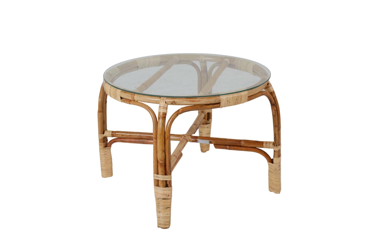 Der Gartencouchtisch Vallda überzeugt mit seinem modernen Design. Gefertigt wurde die Tischplatte aus Glas. Das Gestell ist auch aus Rattan und hat eine natürliche Farbe. Der Tisch besitzt einen Durchmesser von 70 cm.