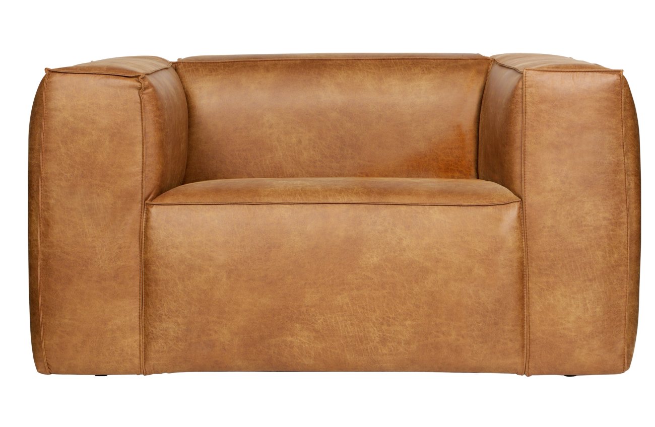 Der Sessel Bean überzeugt mit ihrem modernen Design. Gefertigt wurde sie aus Eco-Leder, welches aus 70% Leder und 30% Polyester gefertigt wurde, es besitzt einen Cognac Farbton besitzt.Das Gestell ist aus FSC-Holz und hat eine schwarze Farbe. Die Sitzhöhe
