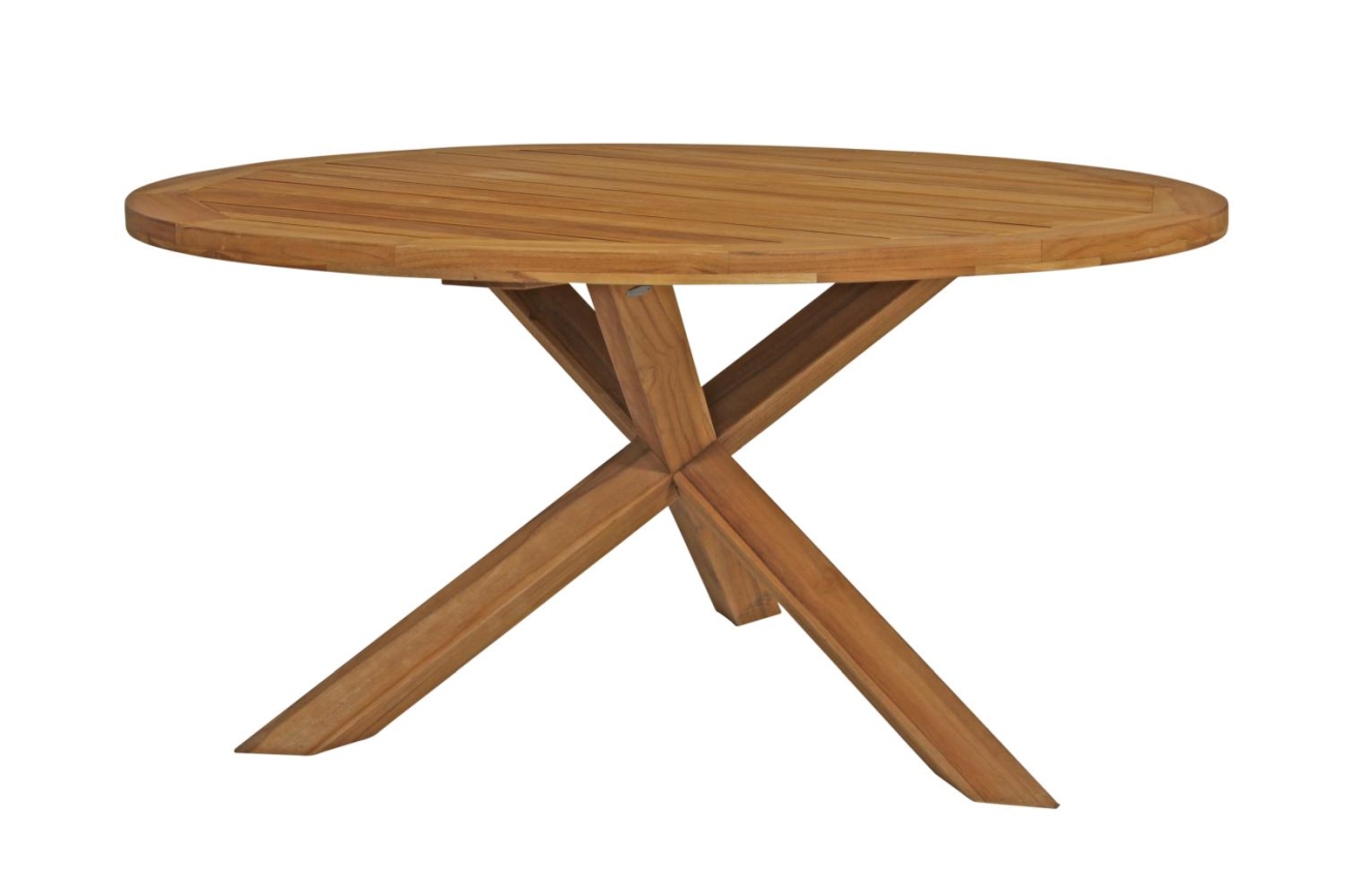 Der Gartenesstisch Eios überzeugt mit seinem modernen Design. Gefertigt wurde die Tischplatte aus Teakholz, welche einen braunen Farbton besitzt. Das Gestell ist auch aus Teakholz und hat eine braune Farbe. Der Tisch besitzt einen Durchmesser von 150 cm.