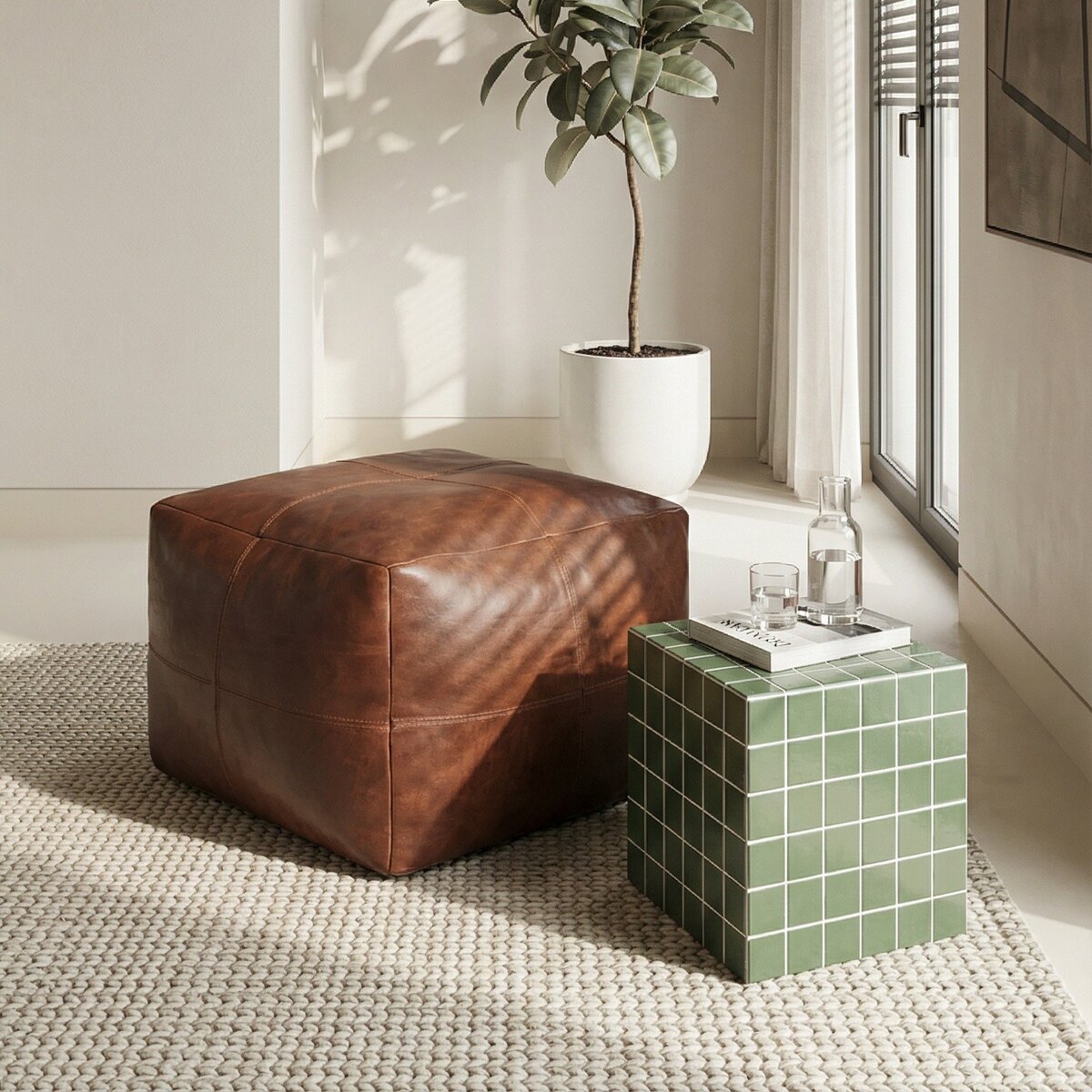 Pouf Anneta aus Leder 50x50 cm, Braun