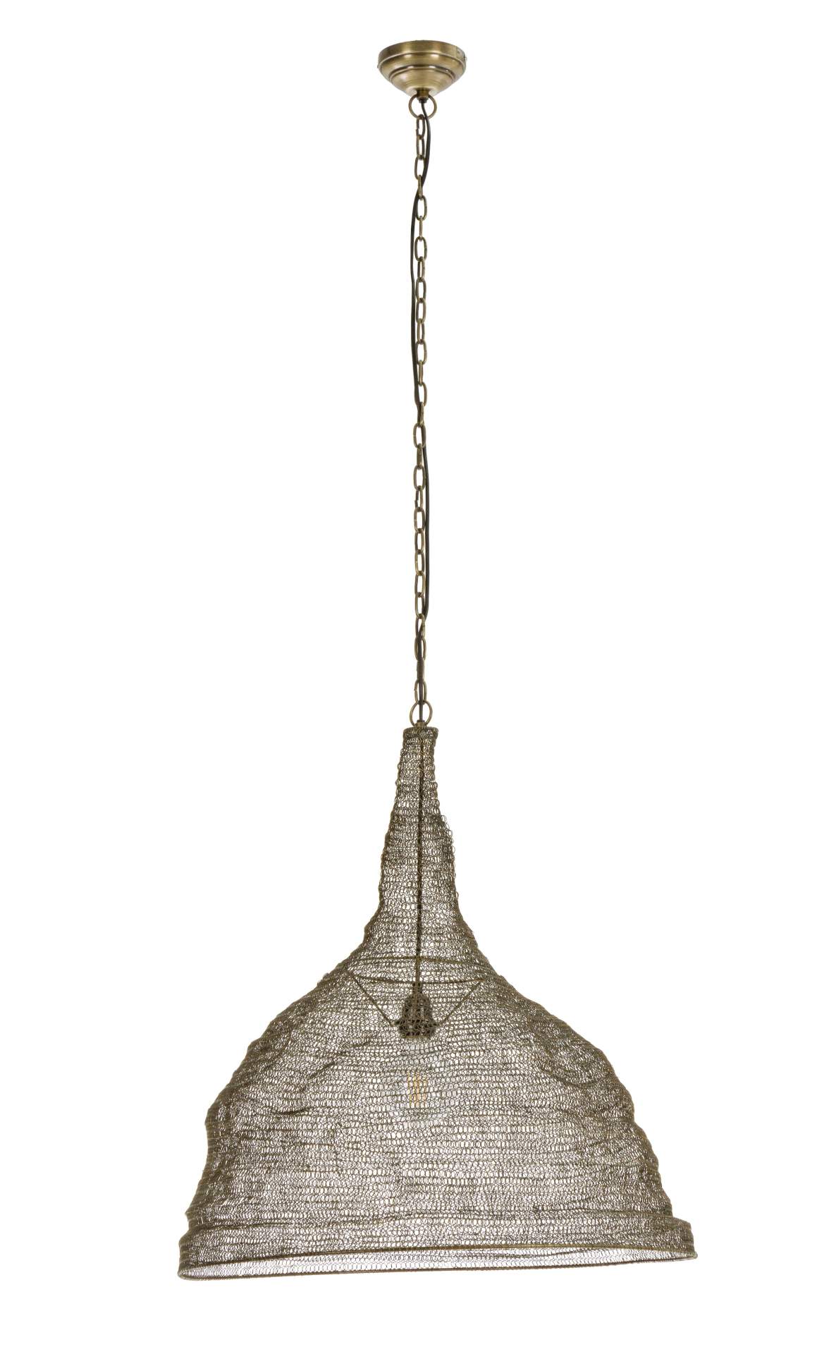 Die Hängeleuchte Amish überzeugt mit ihrem klassischen Design. Gefertigt wurde sie aus Metall, welches einen Messing Farbton besitzt.Der Lampenschirm ist auch aus Metall. Die Lampe besitzt eine Höhe von 64 cm.