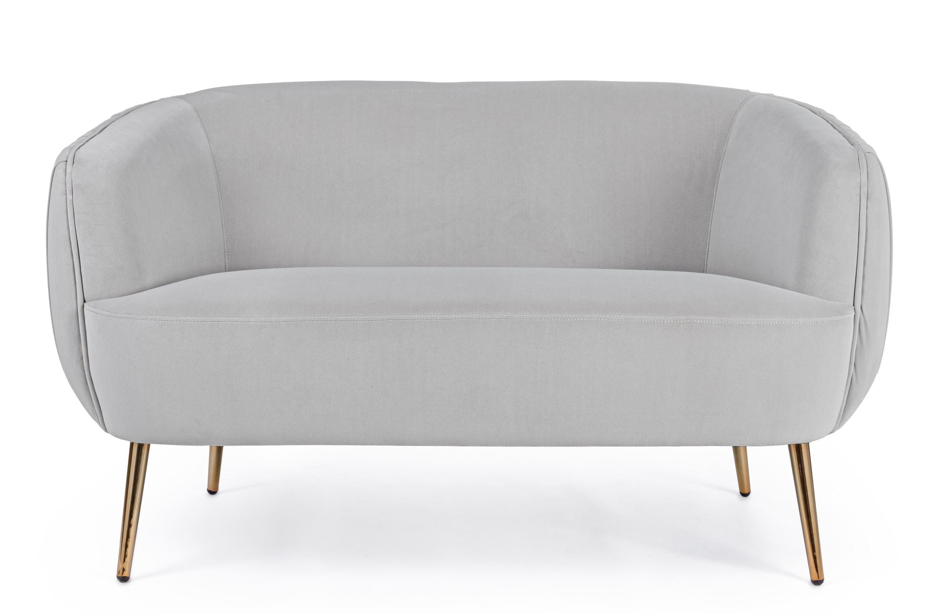 Das Sofa Linsey überzeugt mit seinem modernen Design. Gefertigt wurde es aus Stoff in Samt-Optik, welcher einen hellgrauen Farbton besitzt. Das Gestell ist aus Metall und hat eine goldene Farbe. Das Sofa ist in der Ausführung als 2-Sitzer. Die Breite betr