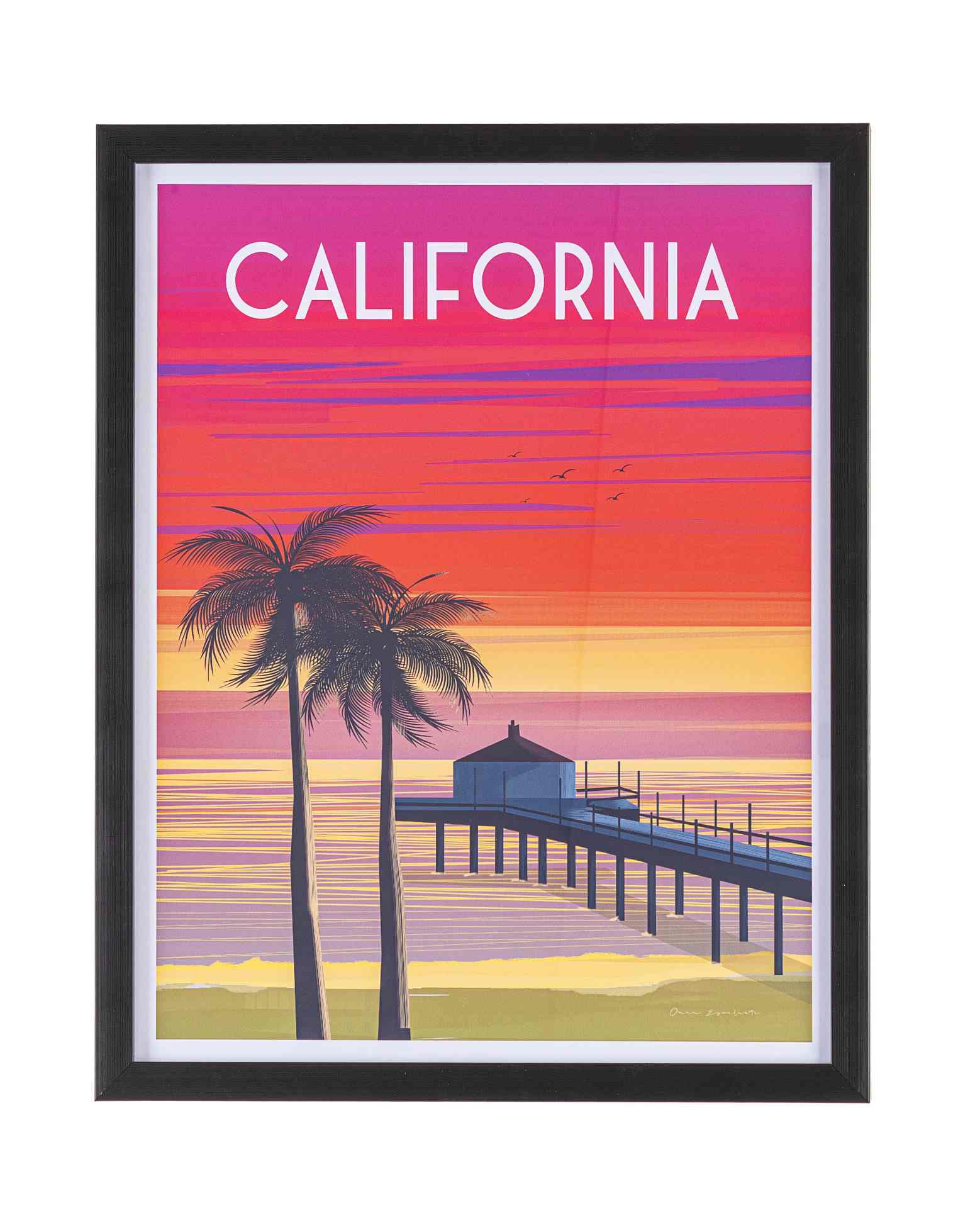 Das Bild California überzeugt mit ihrem klassischen Design. Das Bild verfügt über einen Druck auf Papier. Das Gestell ist aus MDF und der Rahmen aus Kunststoff. Die Maße sind 40x50 cm.