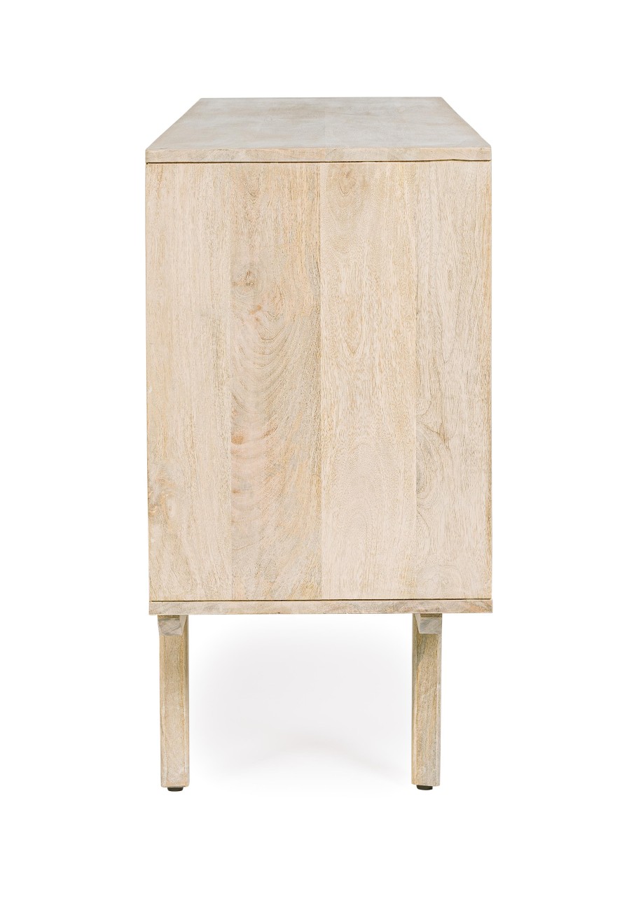 Das Sideboard Sahana überzeugt mit seinem modernen Stil. Gefertigt wurde es aus Mangoholz, welches einen natürlichen Farbton besitzt. Das Gestell ist auch aus Mangoholz. Das Sideboard verfügt über zwei Türen und drei Schubladen.