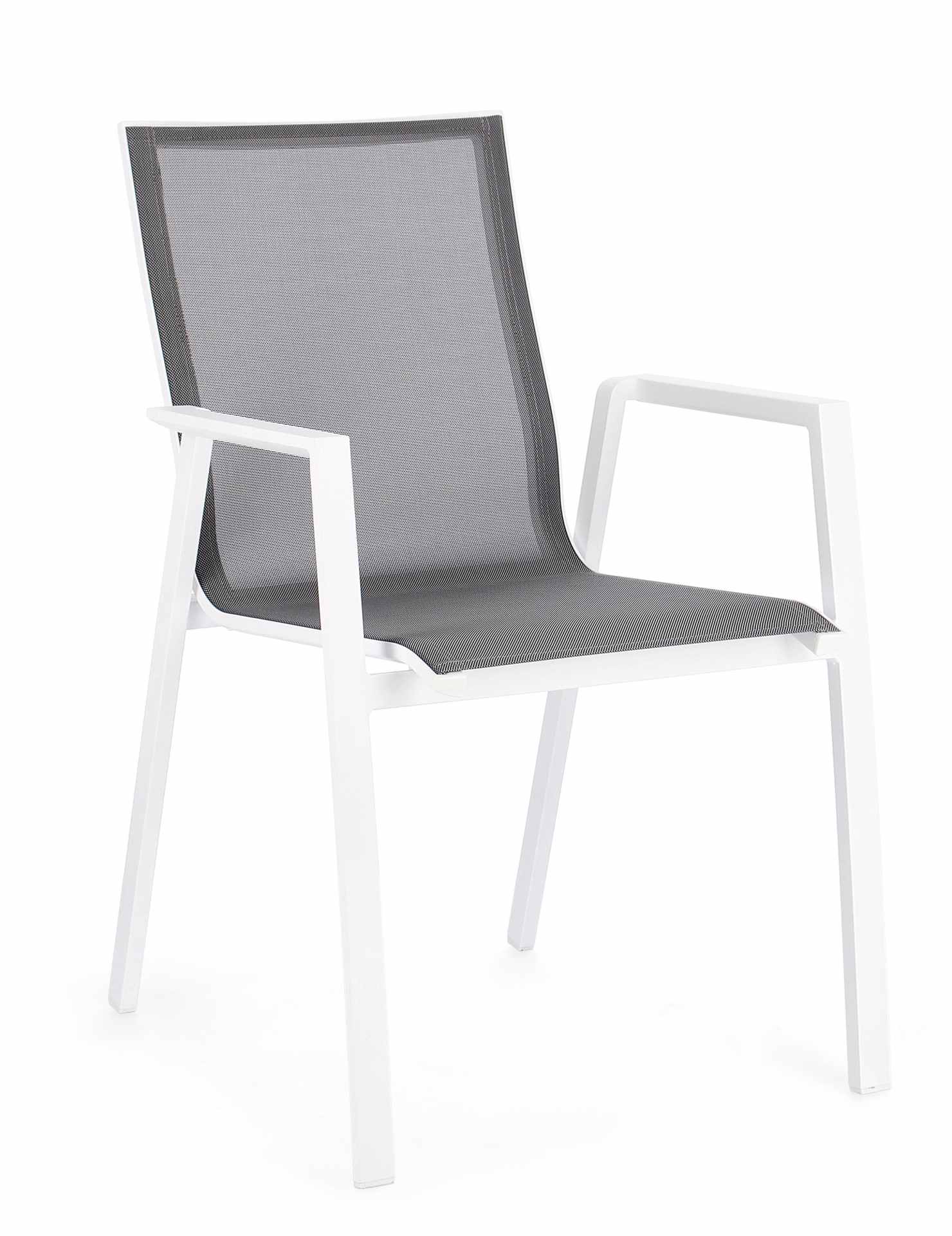 Der Gartenstuhl Krion überzeugt mit seinem modernen Design. Gefertigt wurde er aus Textilene, welche einen grauen Farbton besitzt. Das Gestell ist aus Aluminium und hat auch eine weiße Farbe. Der Stuhl verfügt über eine Sitzhöhe von 45 cm und ist für den 