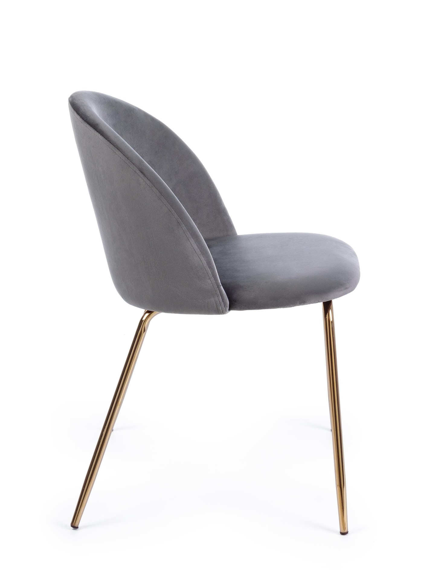 Der Esszimmerstuhl Tanya überzeugt mit seinem modernem Design. Gefertigt wurde der Stuhl aus Samt, welcher einen dunkelgrauen Farbton besitzt. Das Gestell ist aus Metall und ist Gold. Die Sitzhöhe beträgt 46 cm.