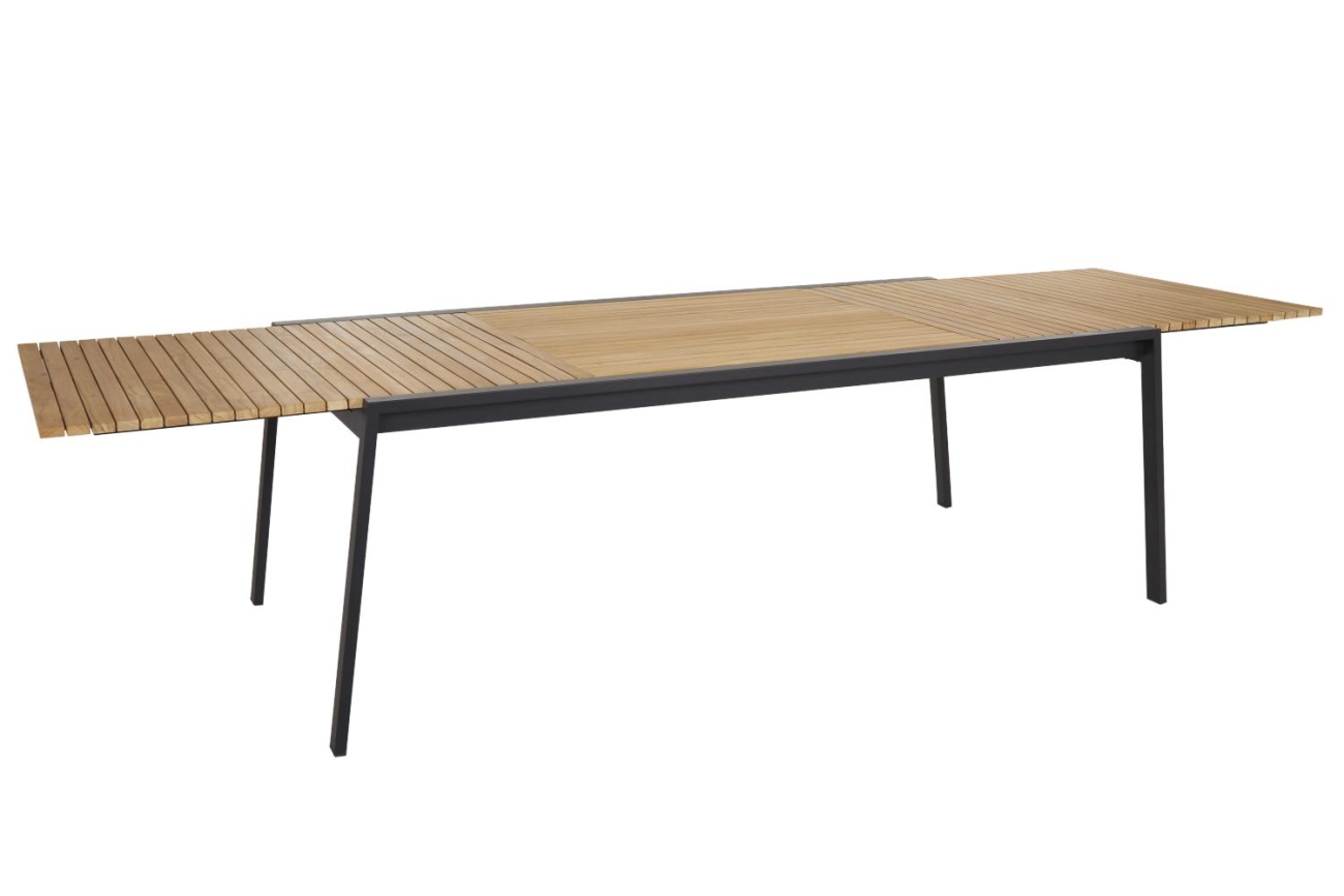 Der Gartenesstisch Naos überzeugt mit seinem modernen Design. Gefertigt wurde die Tischplatte aus Teakholz und hat eine natürliche Farbe. Das Gestell ist auch aus Metall und hat eine schwarze Farbe. Der Tisch besitzt eine Länge von 220 cm und kann auf 320