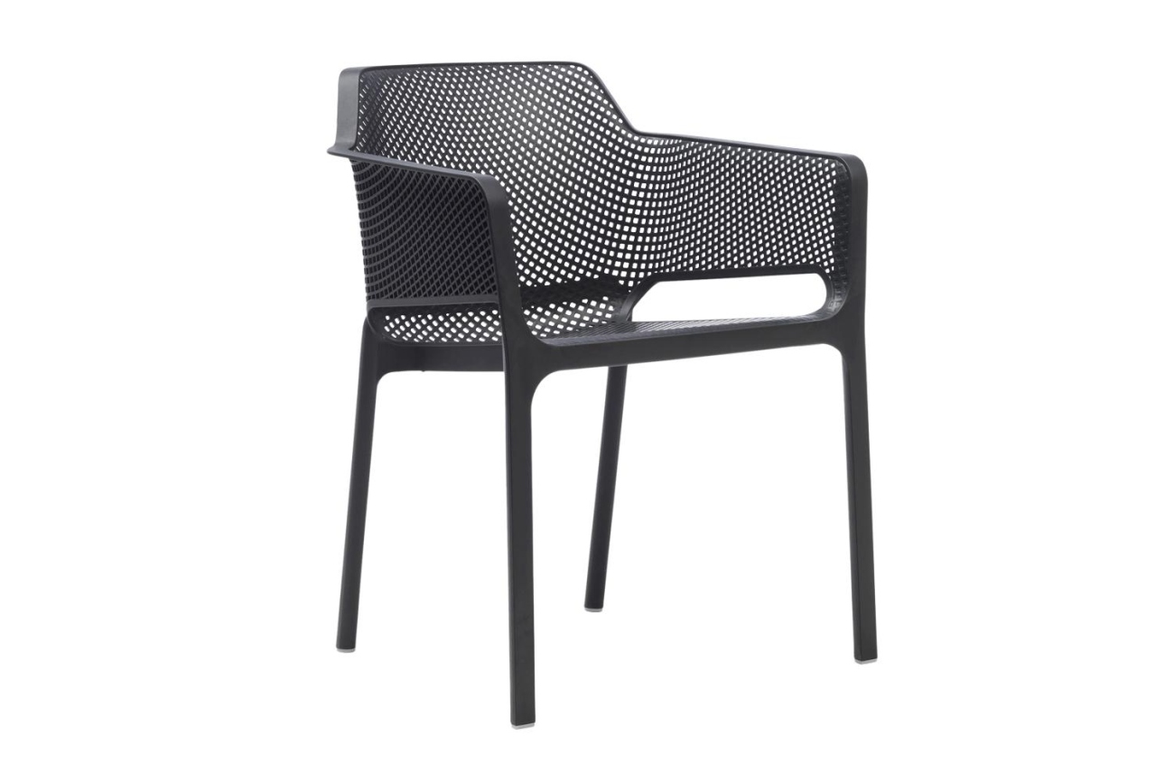 Der Gartenstuhl Net überzeugt mit seinem modernen Design. Gefertigt wurde er aus Kunststoff, welcher einen Anthrazit Farbton besitzt. Das Gestell ist auch aus Kunststoff und hat eine Anthrazit Farbe. Die Sitzhöhe des Stuhls beträgt 47 cm.