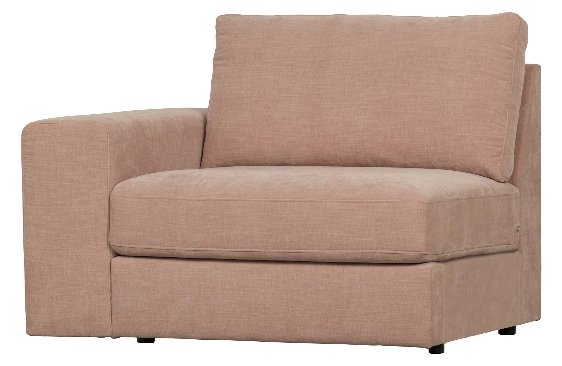 Das Modulsofa Family überzeugt mit seinem modernen Design. Das 1-Seat Element mit der Ausführung Links wurde aus Gewebe-Stoff gefertigt, welcher einen einen rosa Farbton besitzen. Das Gestell ist aus Metall und hat eine schwarze Farbe. Das Element hat ein