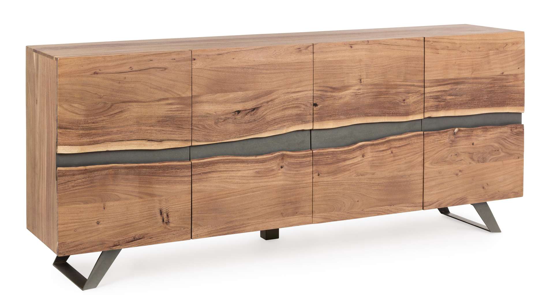 Das Sideboard Aron überzeugt mit seinem modernen Design. Gefertigt wurde es aus Akazien-Holz, welches einen natürlichen Farbton besitzt. Das Gestell ist aus Metall und hat eine schwarze Farbe. Das Sideboard verfügt über vier Türen. Die Breite beträgt 198 
