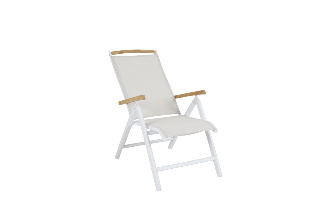 Der Gartenstuhl Andy überzeugt mit seinem modernen Design. Gefertigt wurde er aus Textilene, welches einen weißen Farbton besitzt. Das Gestell ist aus Metall und hat eine weiße Farbe. Die Armlehne ist aus Teakholz. Die Sitzhöhe des Sessels beträgt 44 cm.
