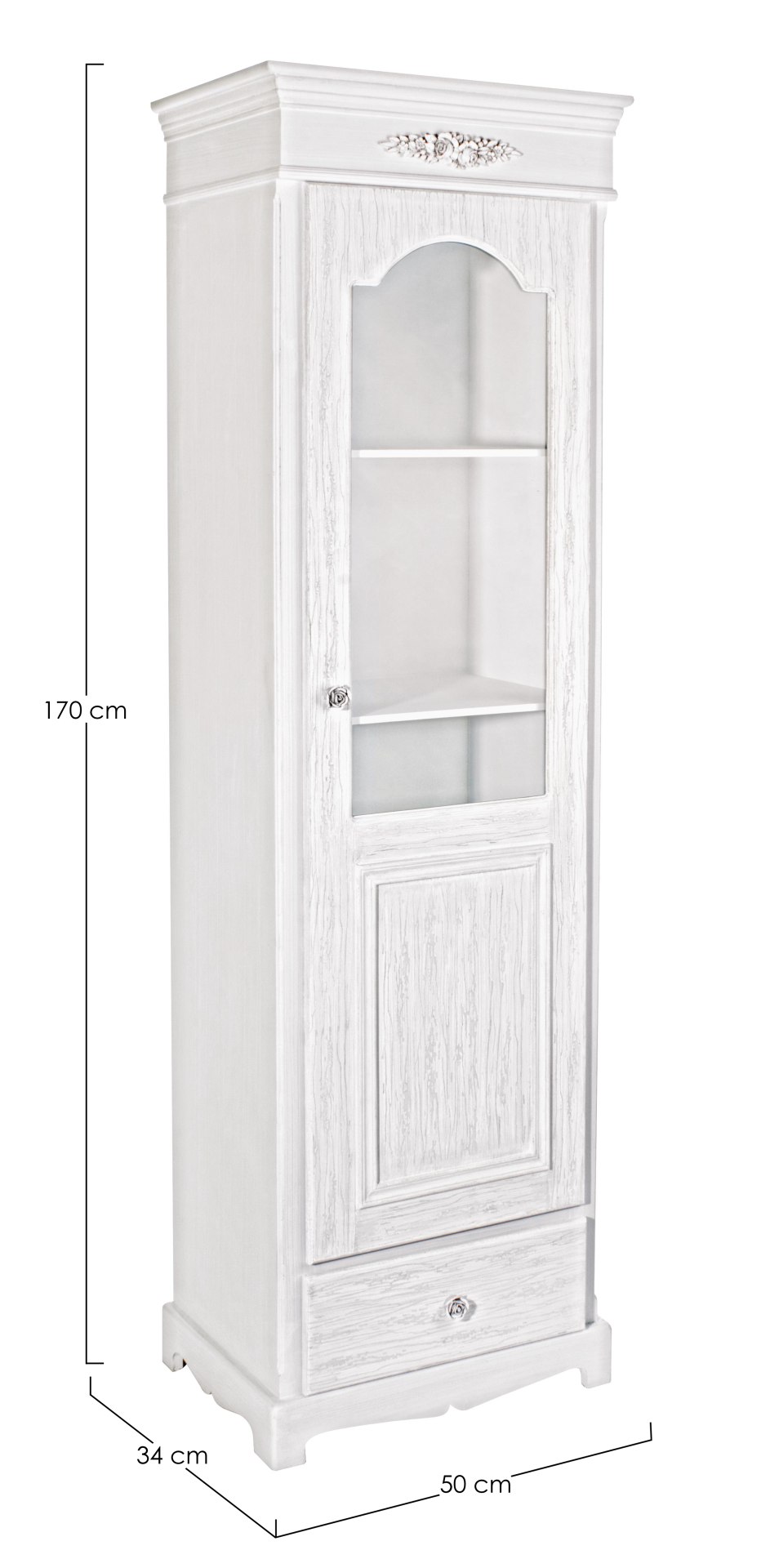 Die Vitrine Blanc überzeugt mit ihrem klassischen Design. Gefertigt wurde sie aus MDF, welches einen weißen Farbton besitzt. Die Vitrine verfügt über eine Glastür und eine Schublade mit ausreichend Stauraum im inneren. Die Breite beträgt 50 cm.