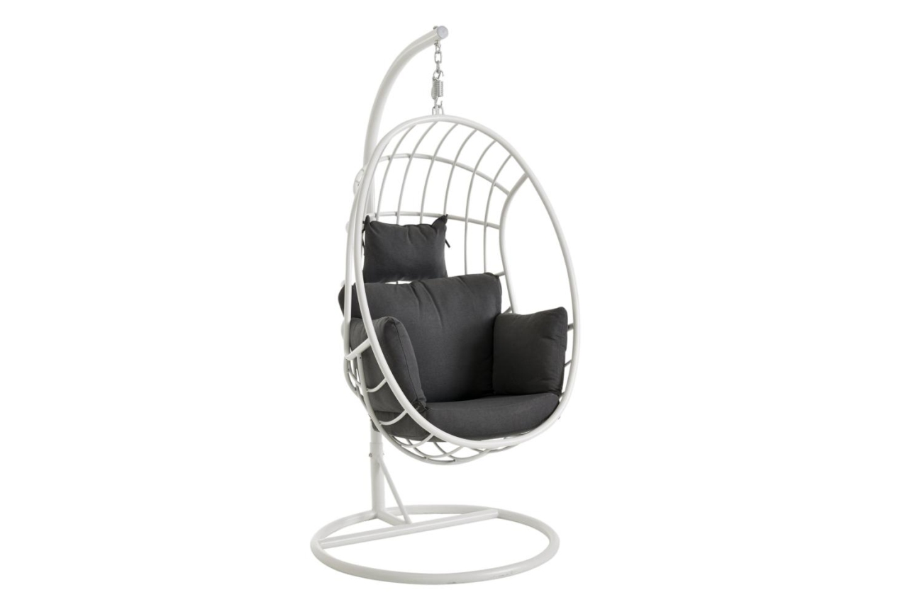 Der Hängesessel Palo überzeugt mit seinem modernen Design. Gefertigt wurde er aus Stoff, welcher einen weißen Farbton besitzt. Das Gestell ist aus Aluminium und hat eine weiße Farbe. Der Sessel wird inklusive Ständer geliefert.