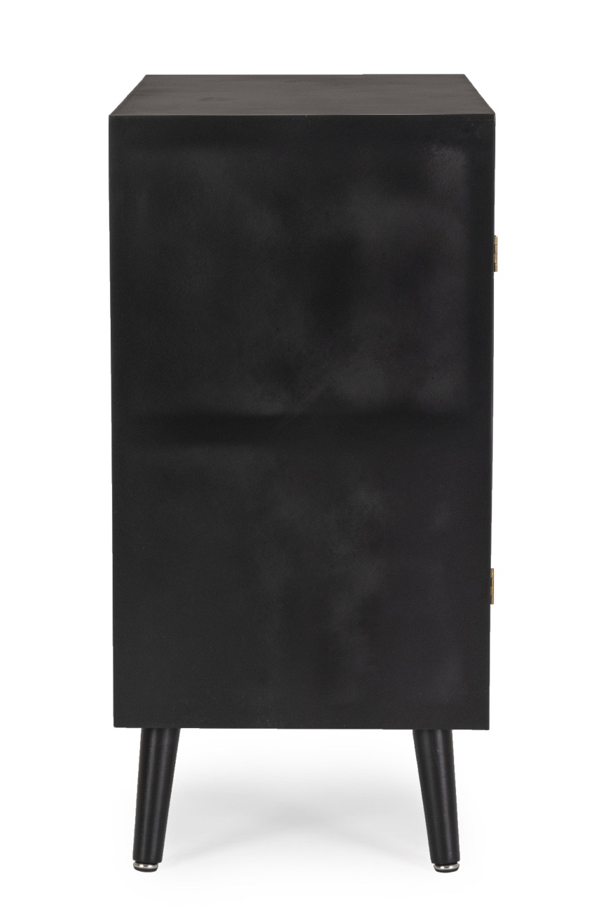 Die Kommode Josine überzeugt mit ihrem modernen Design. Gefertigt wurde sie aus Kiefernholz, welches einen schwarzen Farbton besitzt. Die Einsätze der Türen sind aus Rattan und haben eine natürliche Farbe. Die Kommode besitzt eine Breite von 80 cm.