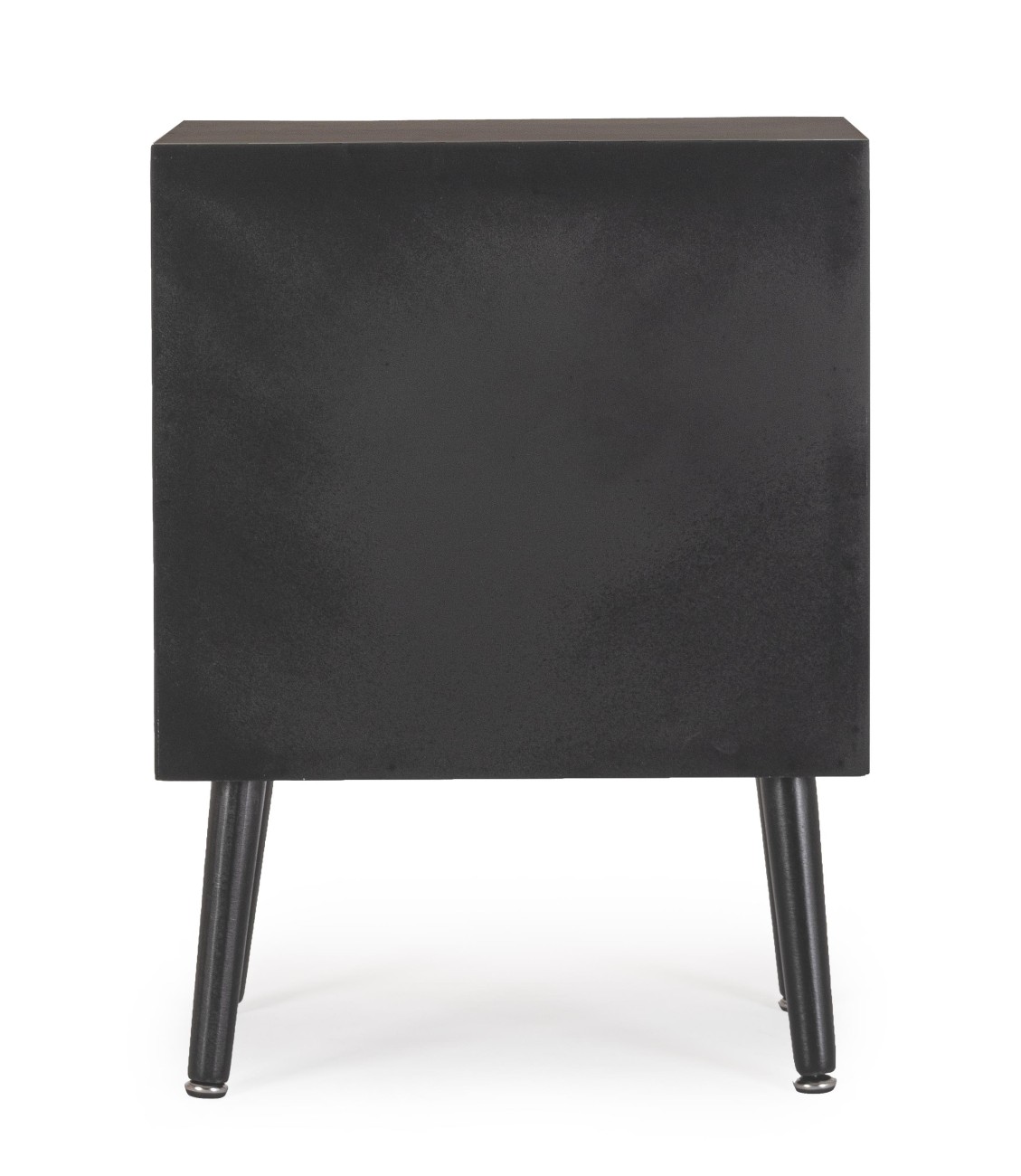 Der Nachttisch Josine überzeugt mit seinem modernen Design. Gefertigt wurde er aus Kiefernholz, welches einen schwarzen Farbton besitzt. Die Einsätze der Türen sind aus Rattan und haben eine natürliche Farbe. Der Nachttisch besitzt eine Breite von 45 cm.